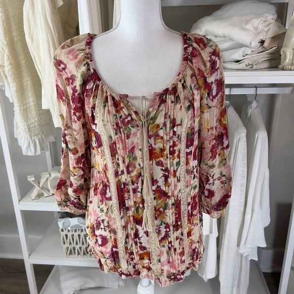 Bila Women's sz. small semi sheer floral peasant blouse soft girl feminine #1775 - Picture 2 of 9